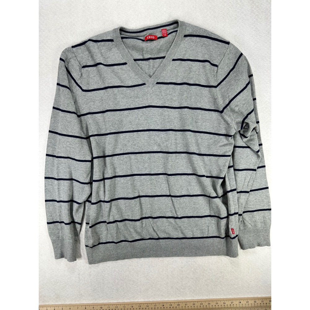 IZOD Mens XL V-Neck Sweater Grey Navy Blue Striped Long Sleeve Cotton Blend